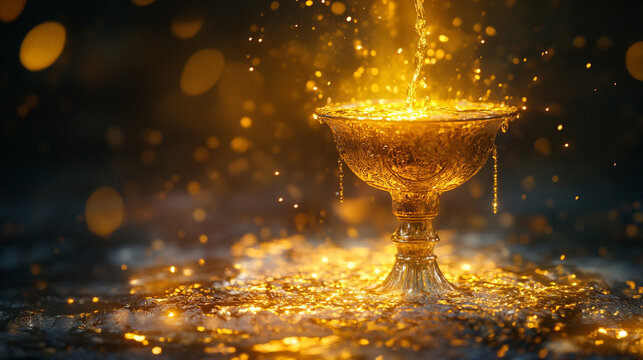 Golden chalice overflowing with liquid light magical scene cup bowl rich holy dark water shine image