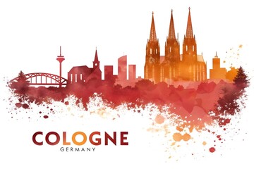 Cologne Germany Skyline Red,vibrant watercolor skyline of Cologne, Germany, with artistic splashes, Abstract cityscape of Cologne in red and orange tones with paint drips.