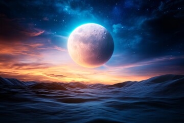 Majestic Cosmic Landscape with Full Moon Illuminating Serene Ocean Waves at Dusk