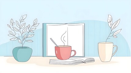 Cozy Evening with Book and Hot Beverage in Minimalist Flat Design