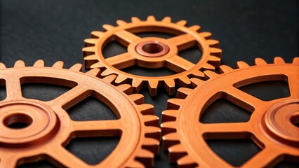 three interconnected gears arranged in a row. The gears have a metallic texture with intricate teeth on dark background