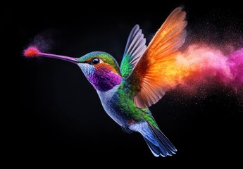 Pixelated Hummingbird in Flight with Colorful Dust Trail