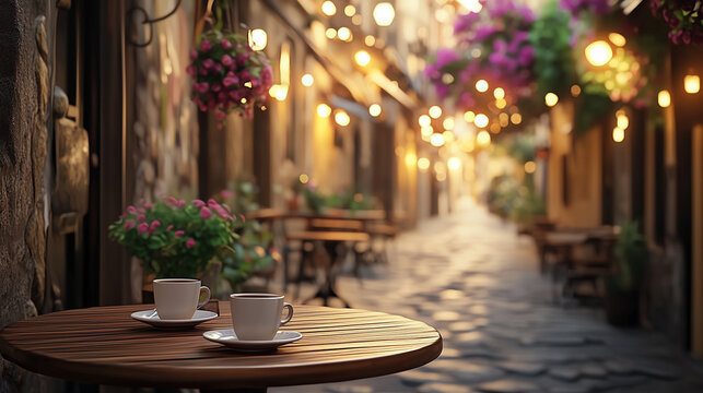 Charming cafe scene featuring two cups of coffee on a wooden table amidst a picturesque street lined with blooming flowers and soft lights in a European city