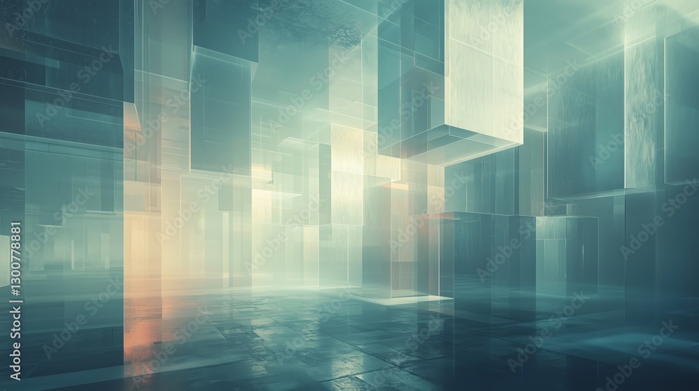 Poster ethereal abstract scene with floating cubes and soft light effects