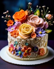 An ultra-macro image of a cake decorated for Mother&rsquo;s Day, showcasing the intricate frosting details, delicate floral patterns, and soft, elegant colors for a heartwarming celebration.
