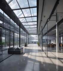 Obraz premium Minimalist office building with a sleek, modern design and a glass roof, interior design, modern architecture, business center