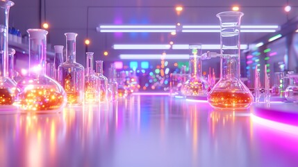 Illuminated Futuristic Laboratory with Glassware Full of Orange Liquids Lit by Neon and Spot Lights