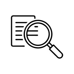 Magnifying glass over document icon, analyzing text details, black outline, modern design