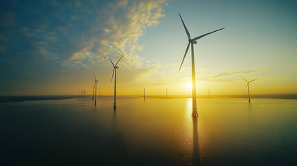 Obraz premium An ultra-wide drone shot of an offshore wind farm, the rotating blades reflecting golden light over the deep sea.