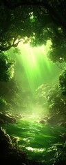 A serene forest scene with vibrant green foliage, illuminated by gentle sunlight filtering through the trees, creating a tranquil atmosphere near a reflective stream.