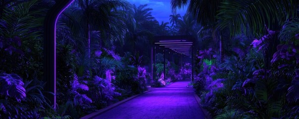 A serene, illuminated path through lush, vibrant foliage, bathed in purple light, creating a mystical atmosphere.
