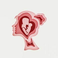 Illustration of a woman outline in 3D paper style. Silhouette of a mother holding a child. Happy Mother's Day. Family Day. 3D rendering.