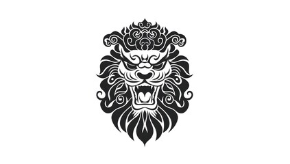 Obraz premium Minimalist Chinese Lion Head Logo Design, Symmetrical Composition, Flat Black and White Line Art, High-Resolution Vector Graphic
