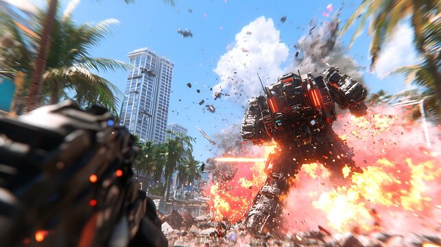 Intense Futuristic Warzone Scene Featuring a Mech Battle Amidst Explosions and Cityscape Destruction Pixelated Computer Generated - Powered by Adobe