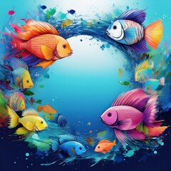 Fototapeta premium border frame of colorful tropical fish background with copy space