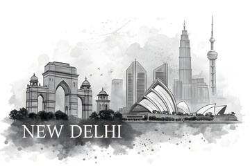 New Delhi India Skyline BW, cityscape landscape watercolor painting print poster abstract splash illustration urban art modern downtown landmarks skyscrapers