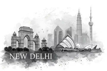 New Delhi India Skyline BW, cityscape landscape watercolor painting print poster abstract splash illustration urban art modern downtown landmarks skyscrapers