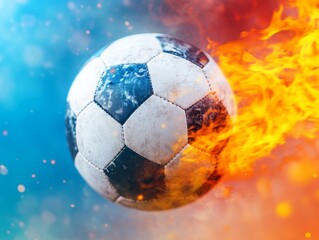 Naklejka premium Soccer Ball in Motion Surrounded by Vibrant Flames and Colorful Blue Background