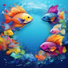 Fototapeta premium border frame of colorful tropical fish background with copy space