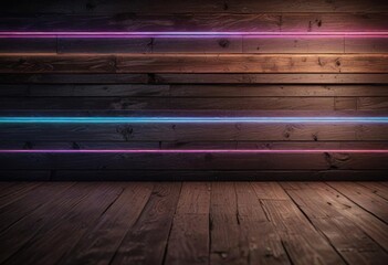 Reclaimed Wood Plank Background with Neon Lights,  retro wood decor, neon lights,  reclaimed wood planks