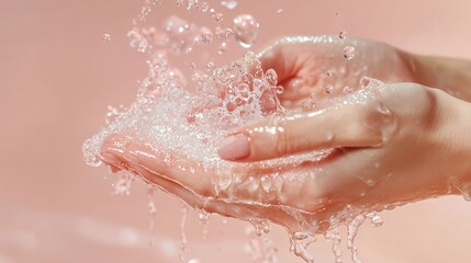 Obraz premium Delicate Hands Splashing Water with Sparkling Bubbles on Pink Background