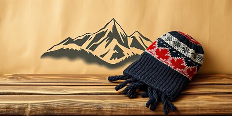 Winter Knit Hat Mountain Scene Wooden Background Cozy Warm