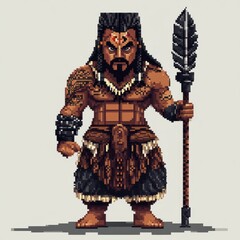 Obraz premium Powerful Warrior Holding a Spear in Pixel Art Style