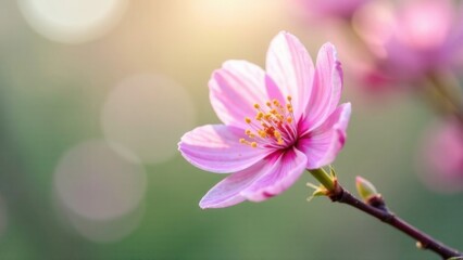 Obraz premium Close-up of pink cherry blossom in sunlight with soft focus background