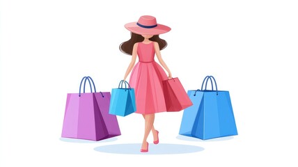 Stylish Woman Shopping in the City, Flat Design Illustration with White Background and Colorful Paper Bags, Fashion Model in Hat, Summer Fashion Pose