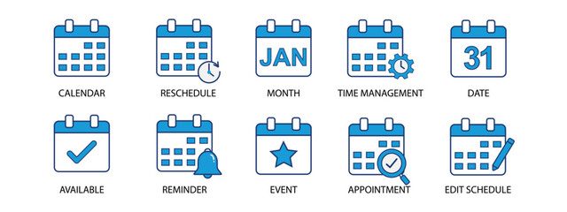 Set of calendar icon. Calendar sign and symbol for schedule, reschedule, event, reminder, time management, appointment, plan, date and month. Vector illustration.
