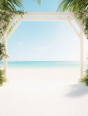 Idyllic beach wedding altar with pristine white sand, clear turquoise ocean, and blue sky