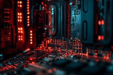 Close-up of Glowing Circuit Board Intricate Electronics and Technology