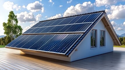 Fototapeta premium Modern House with Solar Panels on Roof Under Partly Cloudy Sky