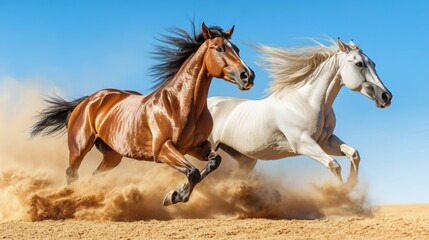 Fototapeta premium Two majestic horses running in desert landscape under clear blue sky