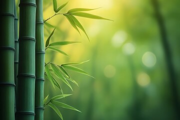 Green bamboo stalks reaching towards sunlight in a tranquil forest setting during the afternoon light
