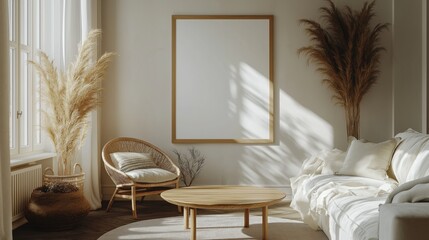 Mesa baja redonda de madera cerca del sofá y sillón contra la ventana y la pared con un marco de póster en blanco. Diseño interior escandinavo de sala de estar moderna.