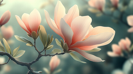 Fototapeta premium A captivating cluster of pink magnolia flowers highlights the beauty of spring, with lush green leaves enhancing the tranquil natural setting