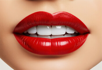 Obraz premium the face of a woman with bright red lipstick on her lips. The lips are full and well defined, the teeth are white and even. The facial skin looks smooth and well-groomed.