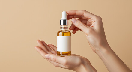 Minimalist skincare dropper bottle held by elegant hands