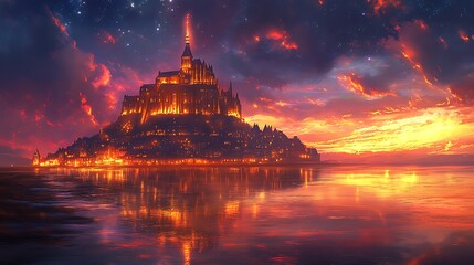 Obraz premium An anime-style twilight view of Mont Saint-Michel, glowing spires illuminated by warm golden light, reflective tidal waters capturing the last colors of the day, and a starry sky emerging. --ar 16:9