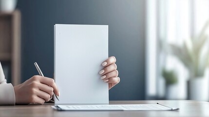 Empty Notepad and Hand Holding Pen in Modern Workspace Environment