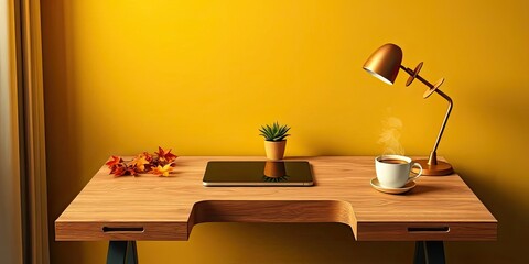 Cozy Autumn Home Office Desk Setup Yellow Wall Wood Desk Tablet Coffee Lamp