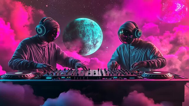 Two futuristic DJs with helmets mixing music amidst vibrant cosmic clouds and a large moon backdrop