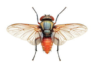 Fototapeta premium The fly is shown from a top view, highlighting its colorful body and elaborate wing patterns, cut out