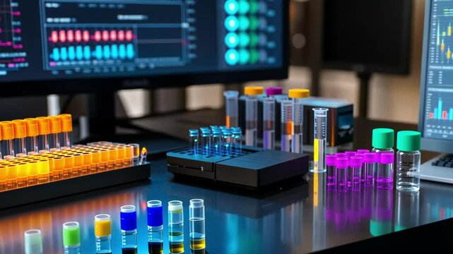 A closeup image of a portable bioinformatics kit od to reveal various colorful adapters and sample tubes arranged neatly beside a digital interface showing realtime genomic data processing.
