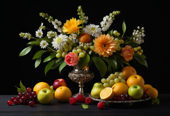 Close-up of fruits and flowers on a black background on the table
