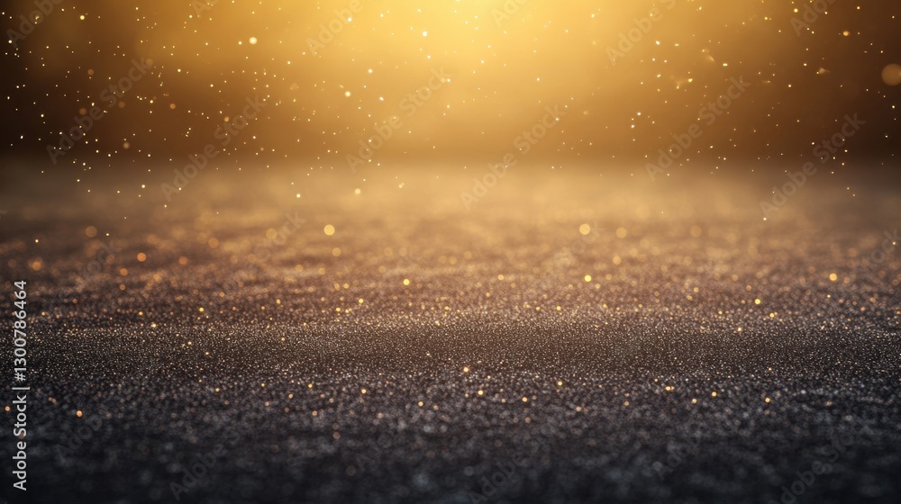 Poster golden particles floating over a dark textured surface. illuminated dust and bokeh lights