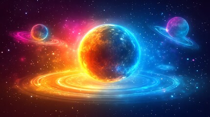 Vibrant Celestial Bodies Orbiting In A Cosmic Nebula