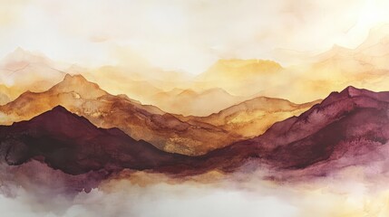Watercolor mountain range landscape with shades of ochre and burgundy