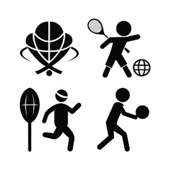 Silhouette set of sports icons including tennis player, ball, racket, and action illustrations in vector style